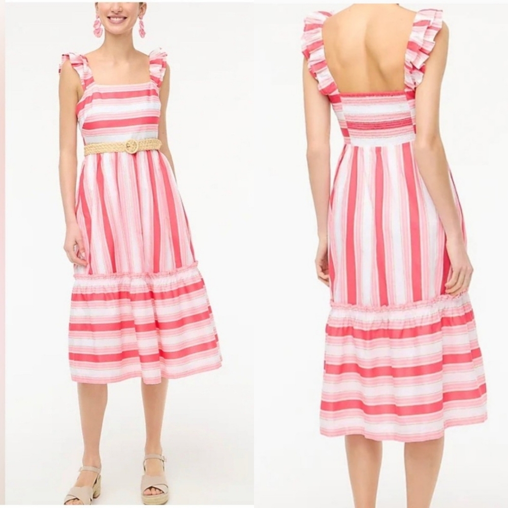 J. Crew Pink & White Striped Cotton Ruffle‎ Midi Dress Smocked Sundress
